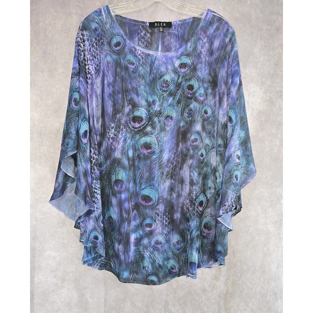 BLEU Women's Sheer Top Peacock Short Sleeve Scoop Neck SZ XL Boho Beachy Resort
